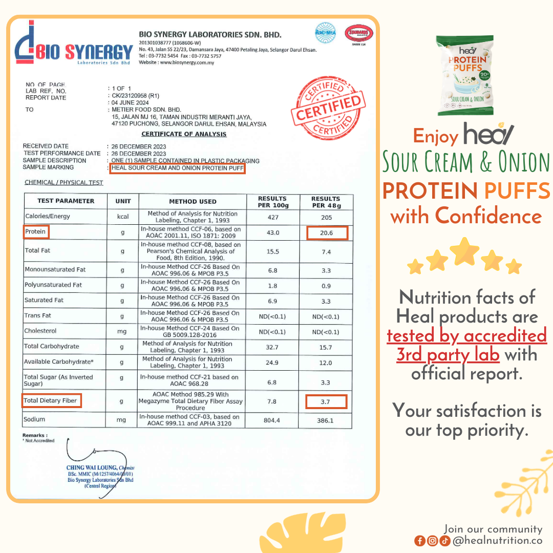 Heal Protein Puffs Sour Cream & Onion (48g) - Creamy Crunch with High-Protein High-Fibre: Guilt-Free Snacking for Muscle Growth and Gut Health Indulgence