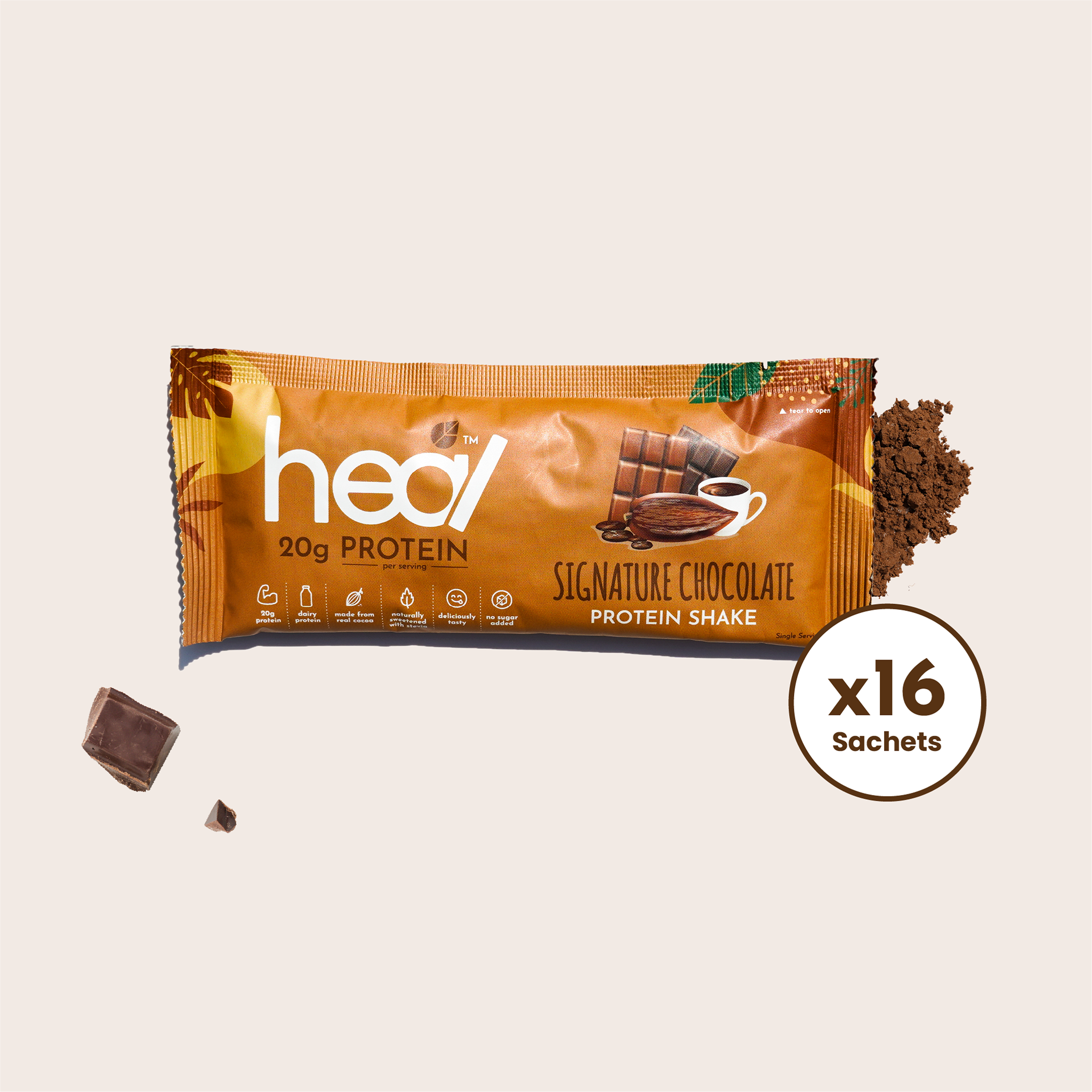 Heal Signature Chocolate Protein Shake, 16 Sachets (39g)