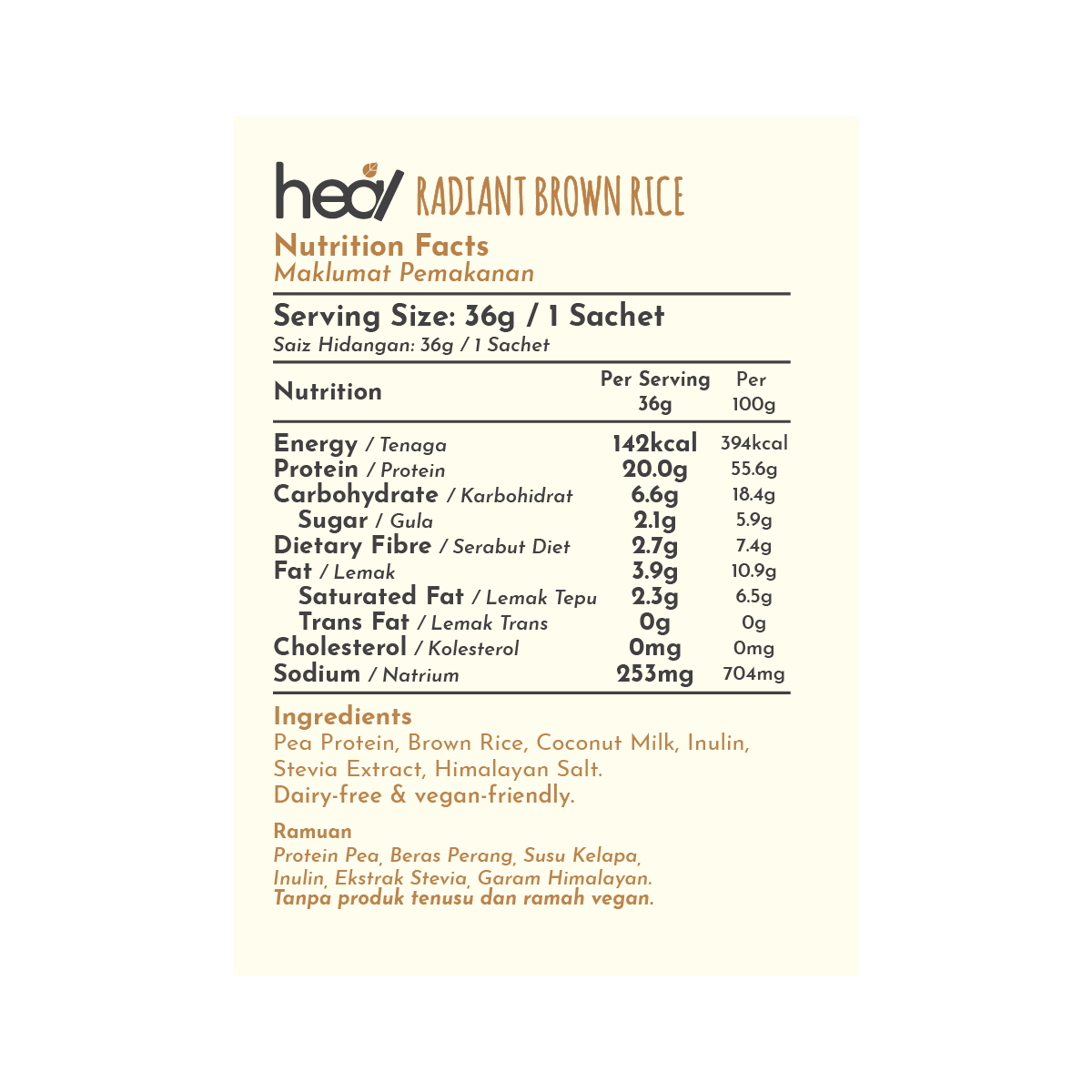 Heal Radiant Brown Rice Vegan Protein Shake, Single Sachet (36g)