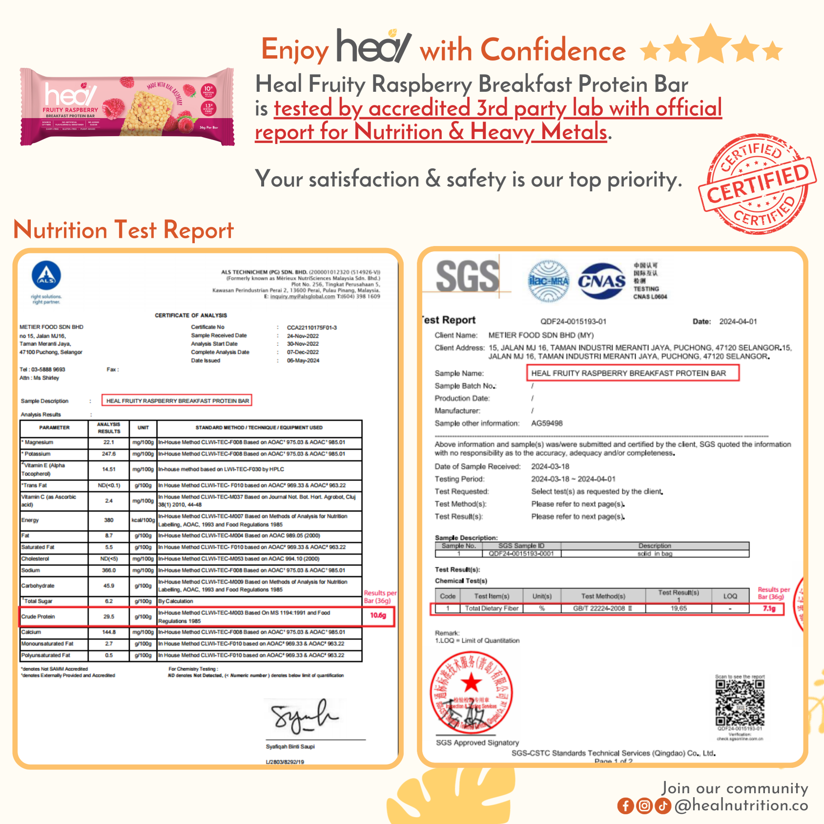 Heal Fruity Raspberry Breakfast Protein Bar (36g) - HALAL