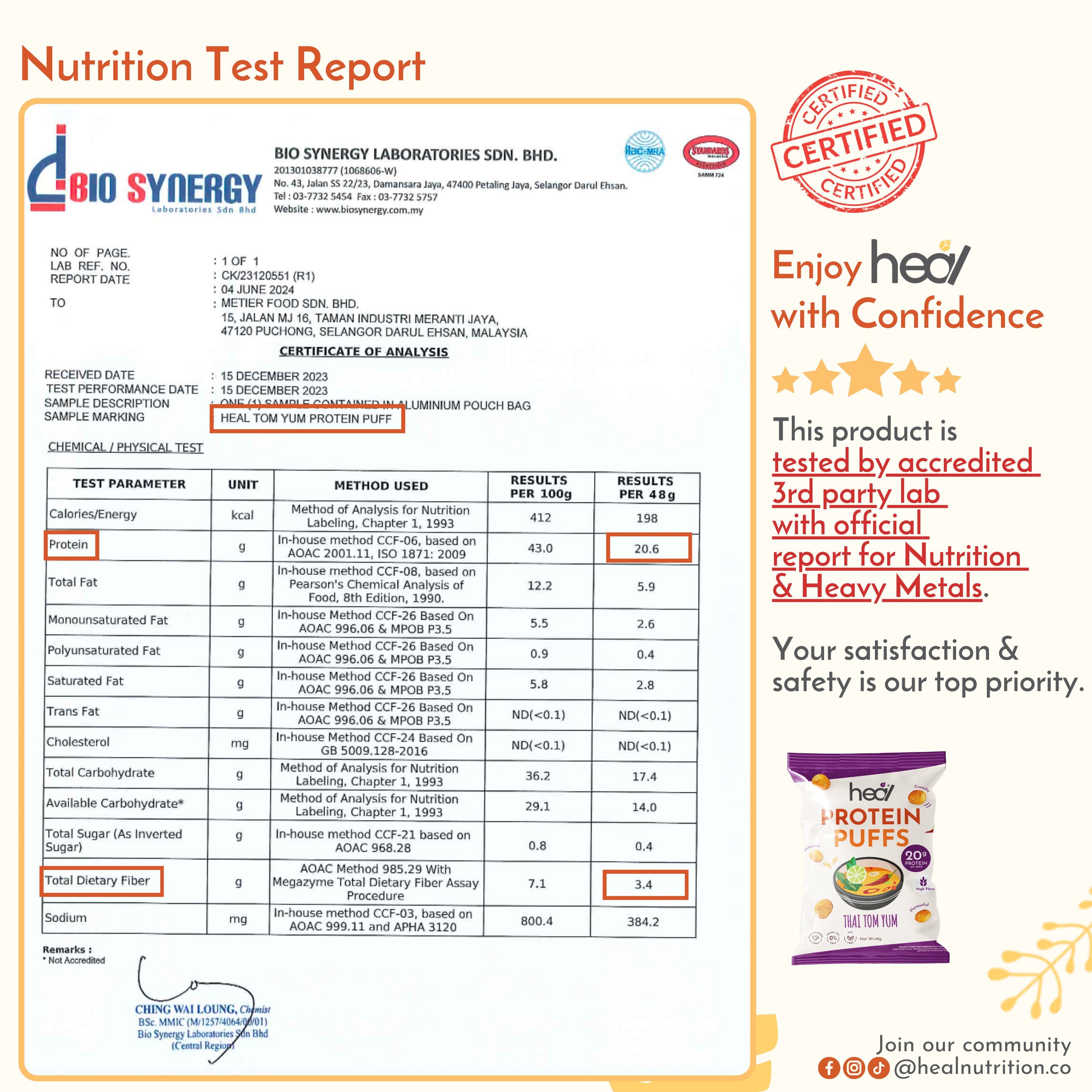 Heal Protein Puffs Thai Tom Yum (48g) - High-Protein High-Fibre Crunchy Goodness: Guilt-Free Snacking for Muscle Growth and Gut Health Delight