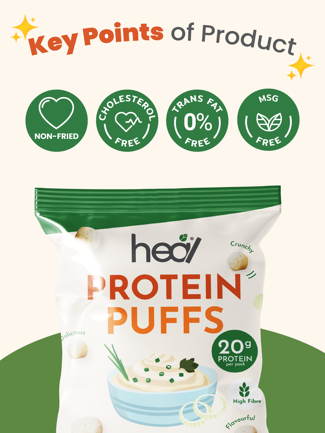 Heal Protein Puffs Sour Cream & Onion (48g) - Creamy Crunch with High-Protein High-Fibre: Guilt-Free Snacking for Muscle Growth and Gut Health Indulgence