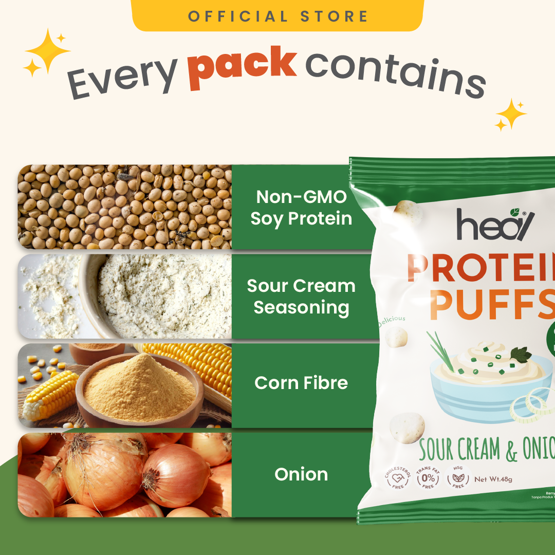 Heal Protein Puffs Sour Cream & Onion (48g) - Creamy Crunch with High-Protein High-Fibre: Guilt-Free Snacking for Muscle Growth and Gut Health Indulgence