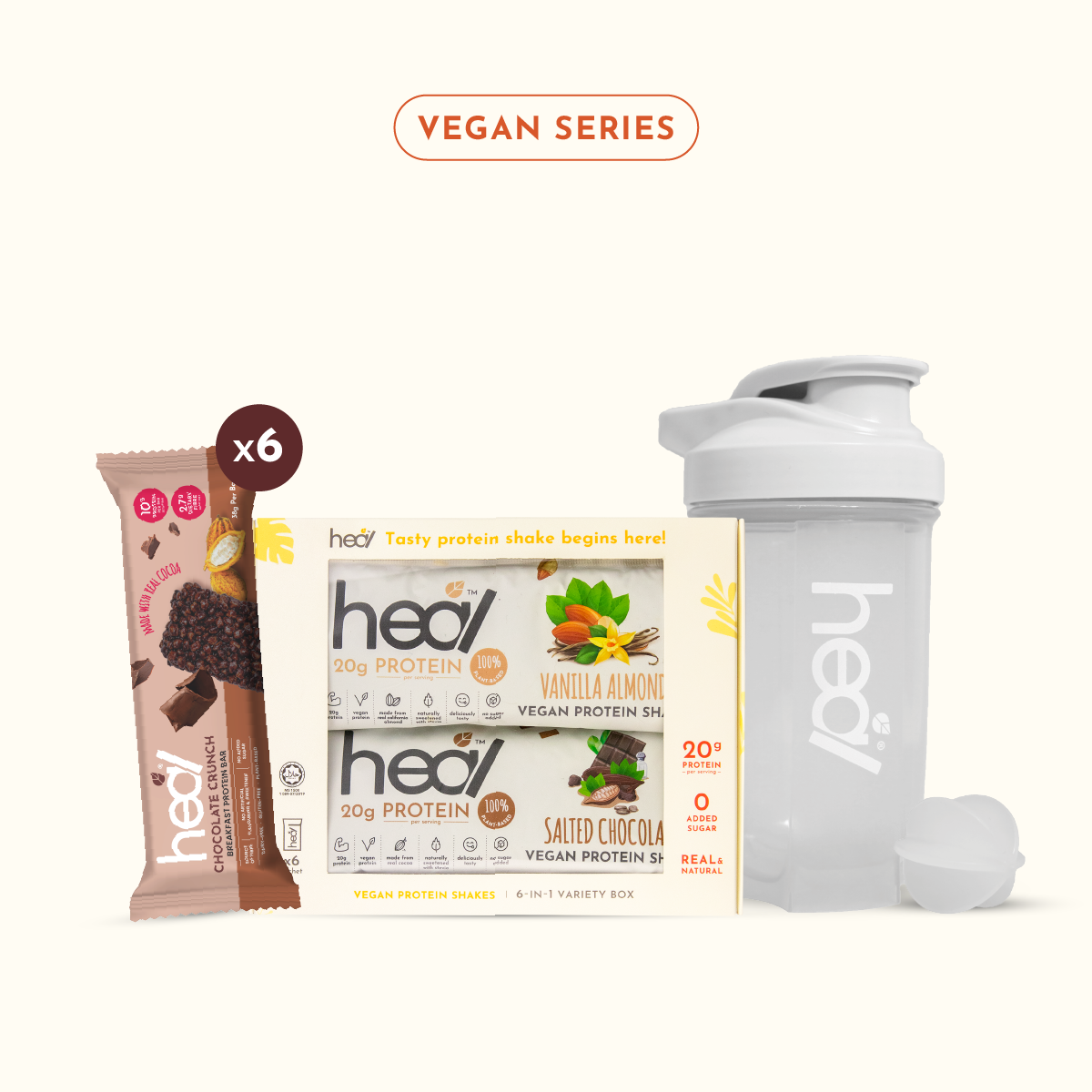 [Heal Bundle Set] 6 Sachets Variety Box + 6 Breakfast Protein Bars + Heal Grey Shaker (500ml)