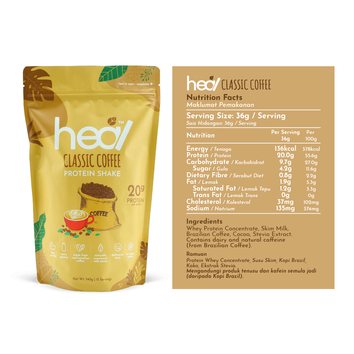 [Subscription Plan] Heal Classic Coffee Protein Shake, 15 Servings Value Pack