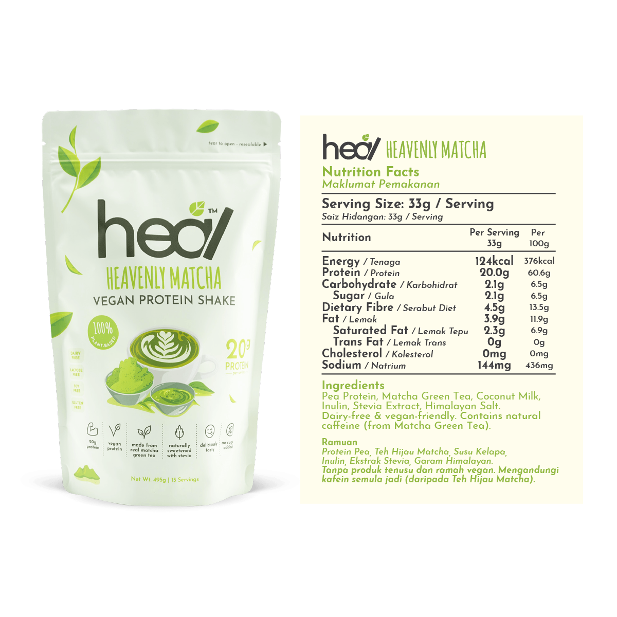 Heal Heavenly Matcha Vegan Protein Shake, 15 Servings Value Pack