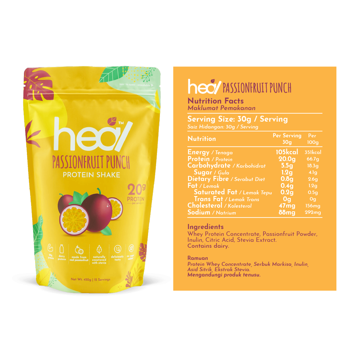 [Subscription Plan] Heal Passionfruit Punch Protein Shake, 15 Servings Value Pack