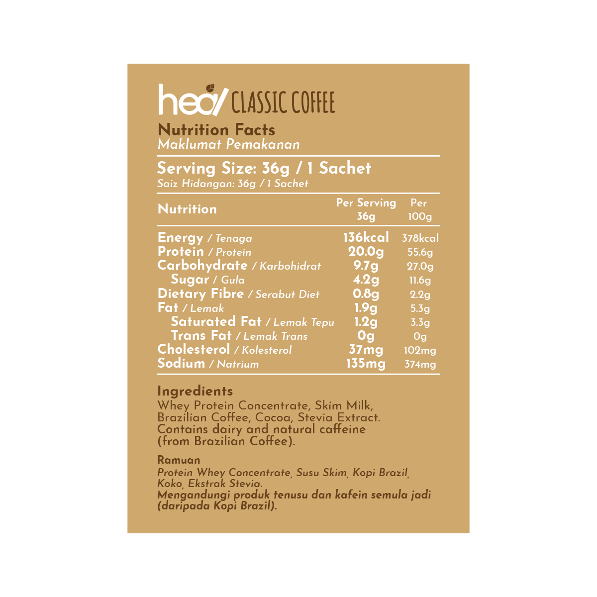 [Subscription Plan] Heal Classic Coffee Protein Shake, 16 Sachets (36g)