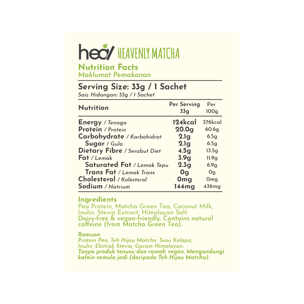[Subscription Plan] Heavenly Matcha Vegan Protein Shake, 16 Sachets (33g)